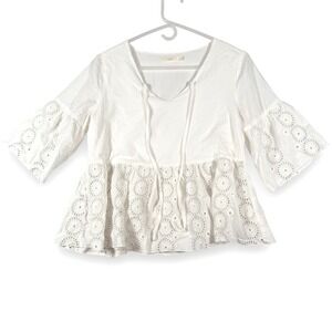 Hazel White Eyelet Lace Bell Sleeve Boho Peasant Blouse Top Small